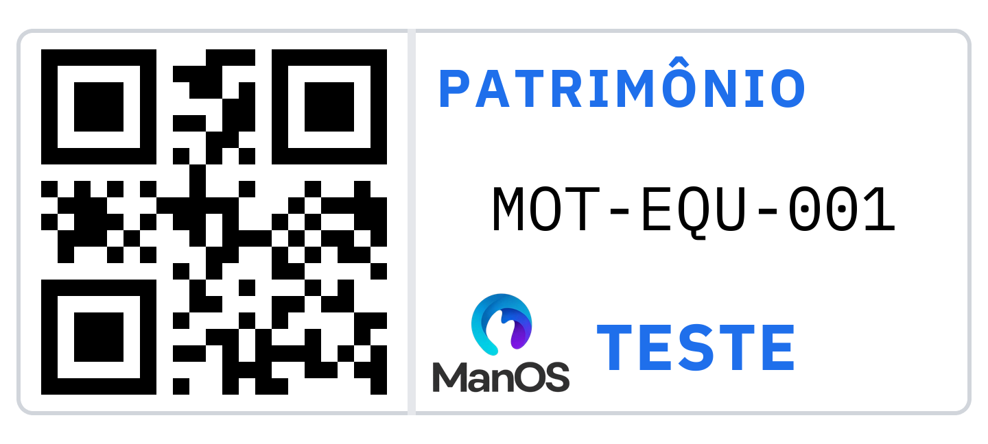 Etiqueta patrimonial com QR Code, número de patrimônio MOT-EQU-001 e identificação do sistema ManOS