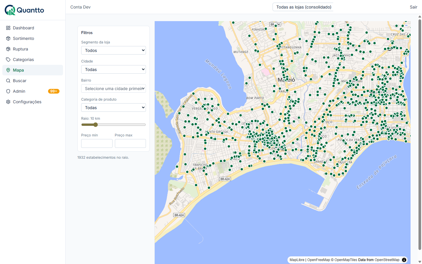 Mapa Quantto — competidores por barrio en la región de la tienda